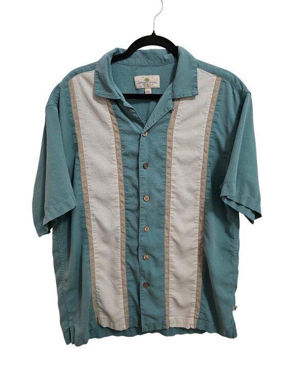 island shores Other - Mens Large Island Shores Teal & Beige Silk Button-Up Shirt Casual Beachwear Camp